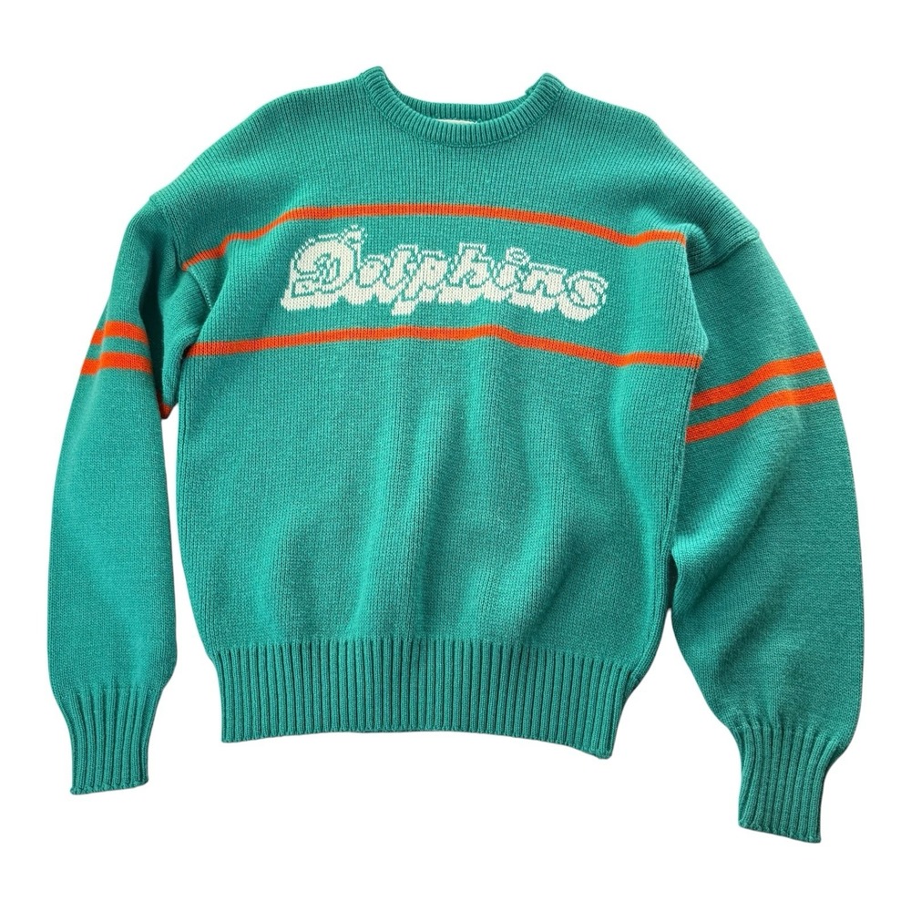 Vintage Miami Dolphins Cliff Engle NFL Knit Sweater Adult Small Aqua USA Made